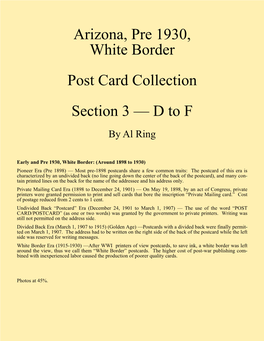 Arizona, Pre 1930, White Border Post Card Collection Section 3