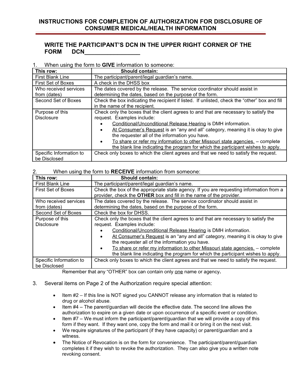 Instructions for Completion of Authorization for Disclosure of Consumer Medical/Health