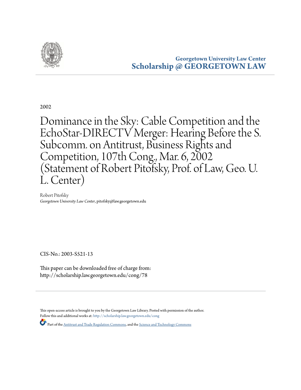 Cable Competition and the Echostar-DIRECTV Merger: Hearing Before the S