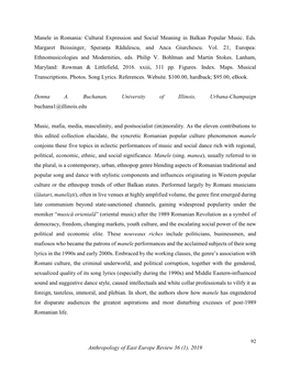 Anthropology of East Europe Review 36 (1), 2019 Manele in Romania: Cultural Expression and Social Meaning in Balkan Popular Musi