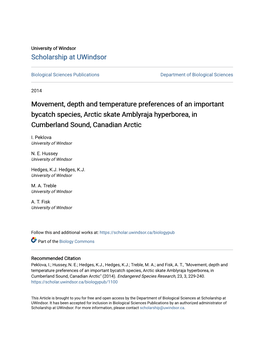 Movement, Depth and Temperature Preferences of an Important Bycatch Species, Arctic Skate Amblyraja Hyperborea, in Cumberland Sound, Canadian Arctic