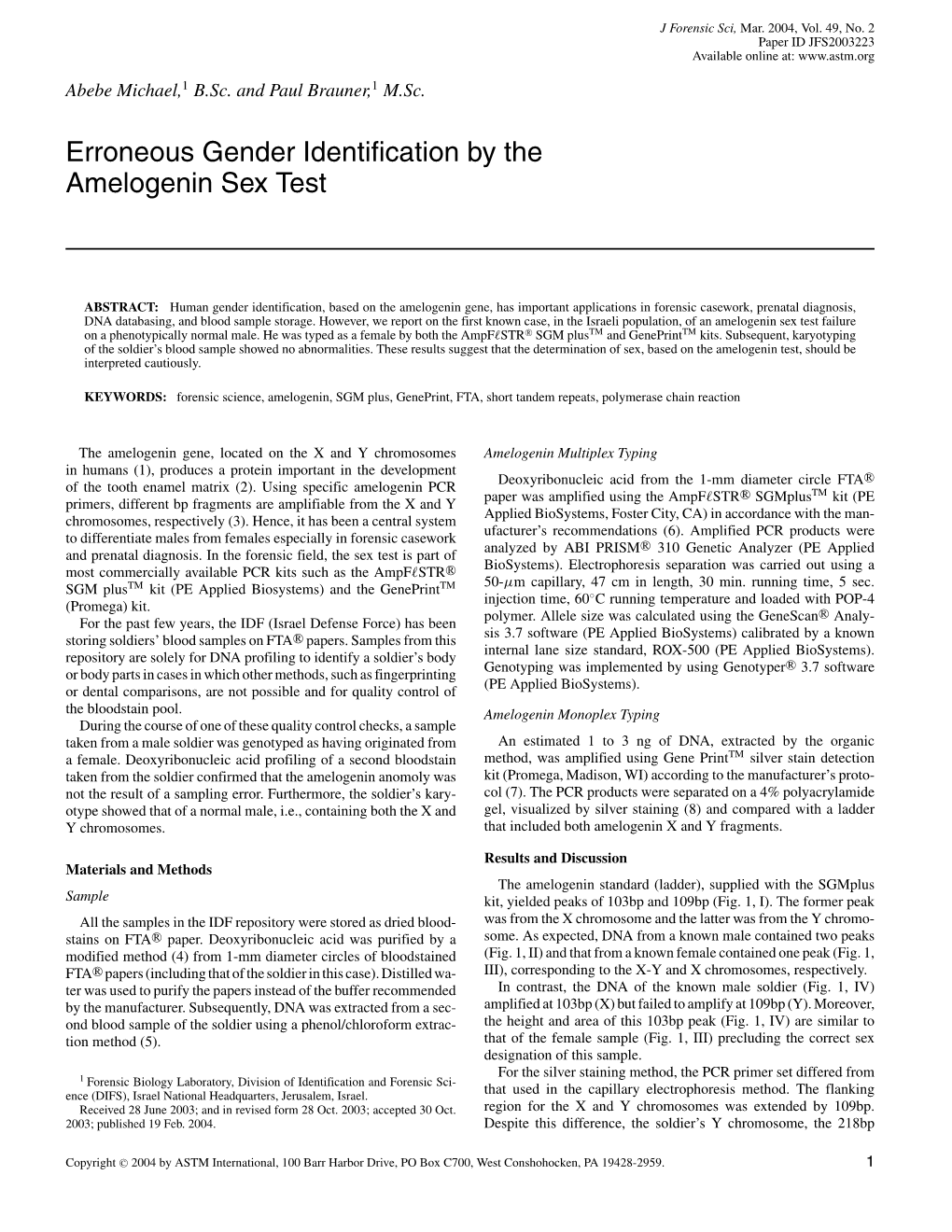 Erroneous Gender Identification by the Amelogenin Sex Test