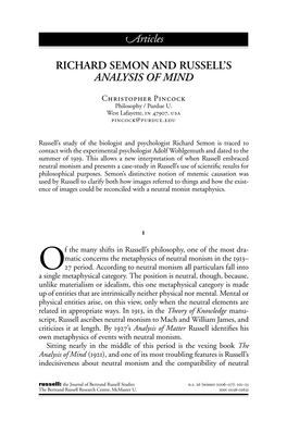 Richard Semon and Russellâ•Žs Analysis of Mind