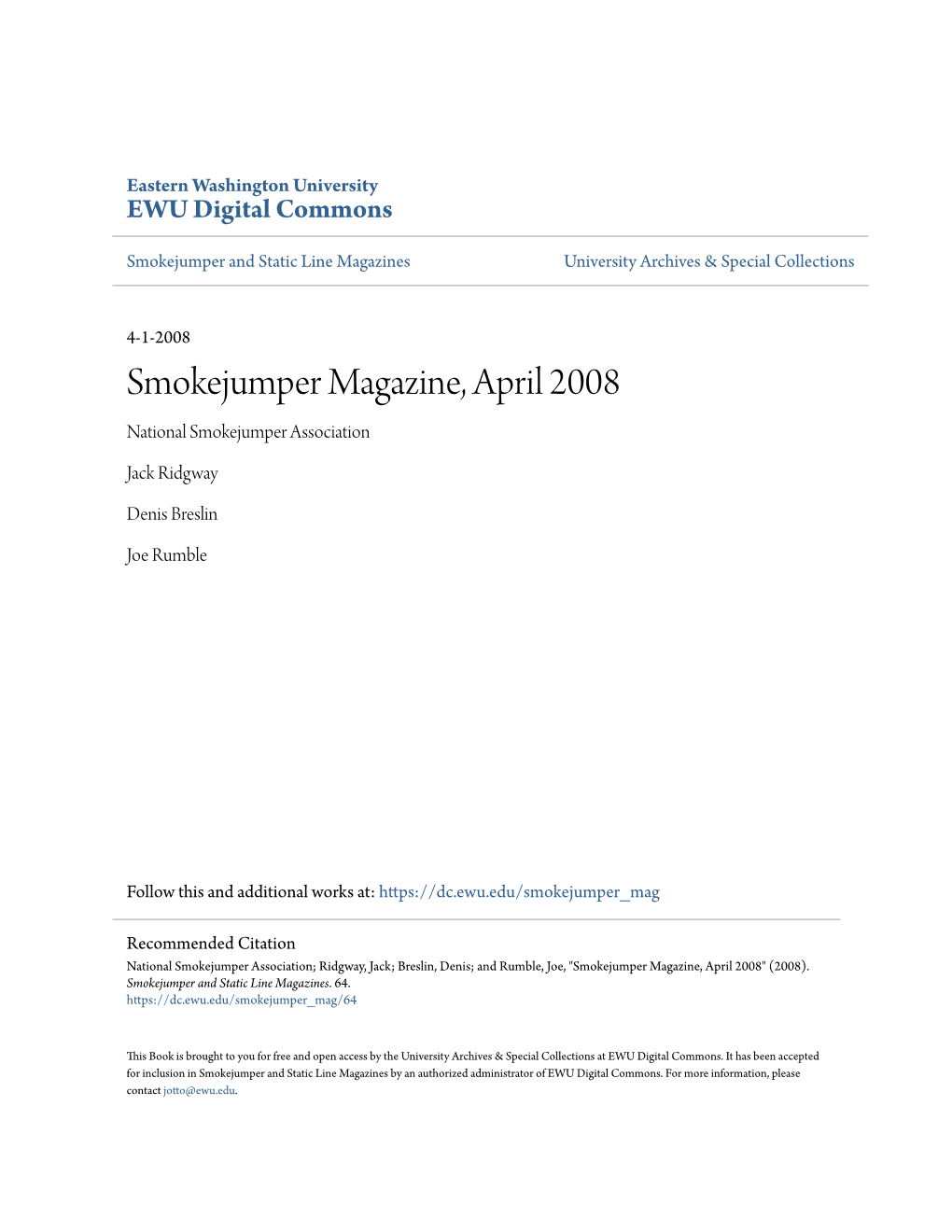 Smokejumper Magazine, April 2008 National Smokejumper Association