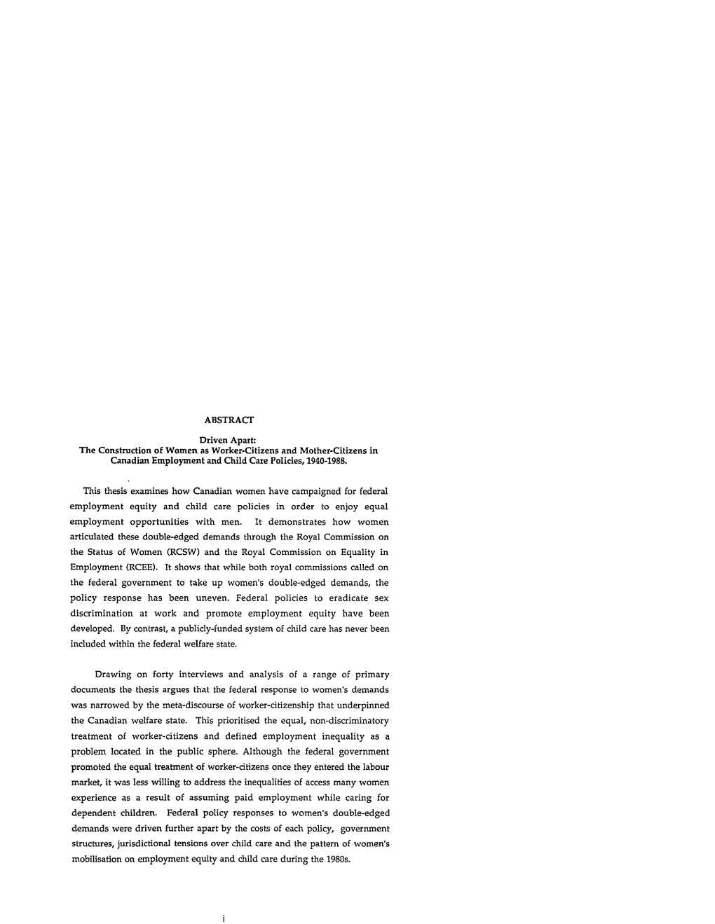 The Construction of Women As Worker-Citizens and Mother-Citizens in Canadian Employment and Child Care Policies, 1940-1988