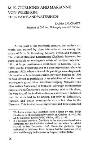 M. K. Čiurlionis and Marianne Von Werefkin: Their Paths and Watersheds