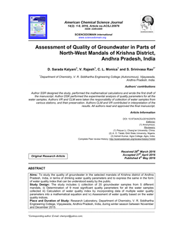 Assessment of Quality of Groundwater in Parts of North-West Mandals of Krishna District, Andhra Pradesh, India