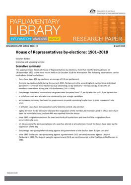 House of Representatives By-Elections: 1901–2018