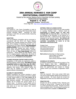 39Th ANNUAL HOWARD E. VAN CAMP INVITATIONAL COMPETITION Hosted by the Lansing Skating Club at Suburban Ice East Lansing Sanctioned by U.S