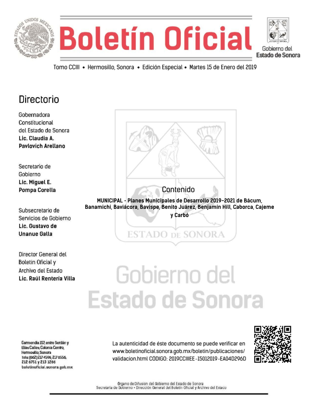 Planes Municipales De Desarrollo 2019-2021 De Bácum, Banamichi, Baviácora, Bavispe, Benito Juárez, Benjamín Hill, Caborca, Cajeme Y Carbó