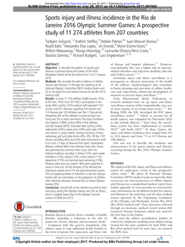 Sports Injury and Illness Incidence in the Rio De Janeiro 2016 Olympic