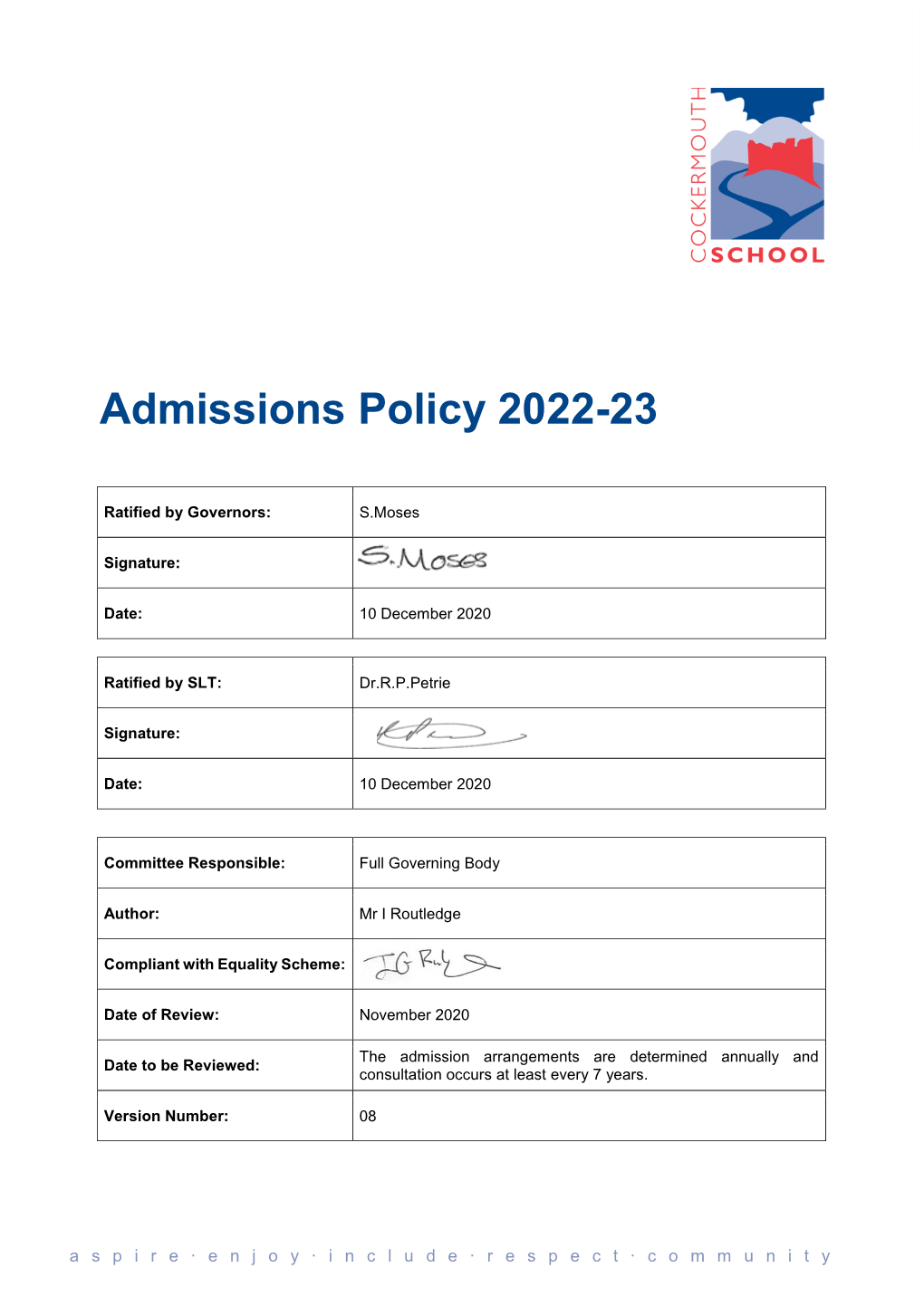 Admissions Policy 2022-23