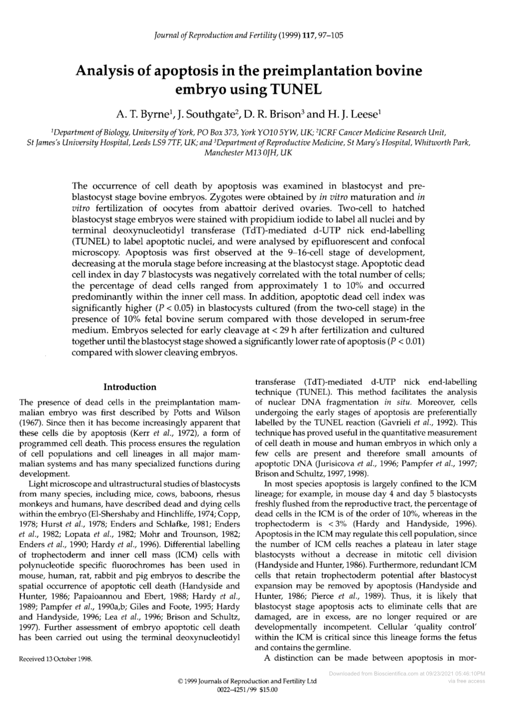 Analysis of Apoptosis in the Preimplantationbovine Embryo