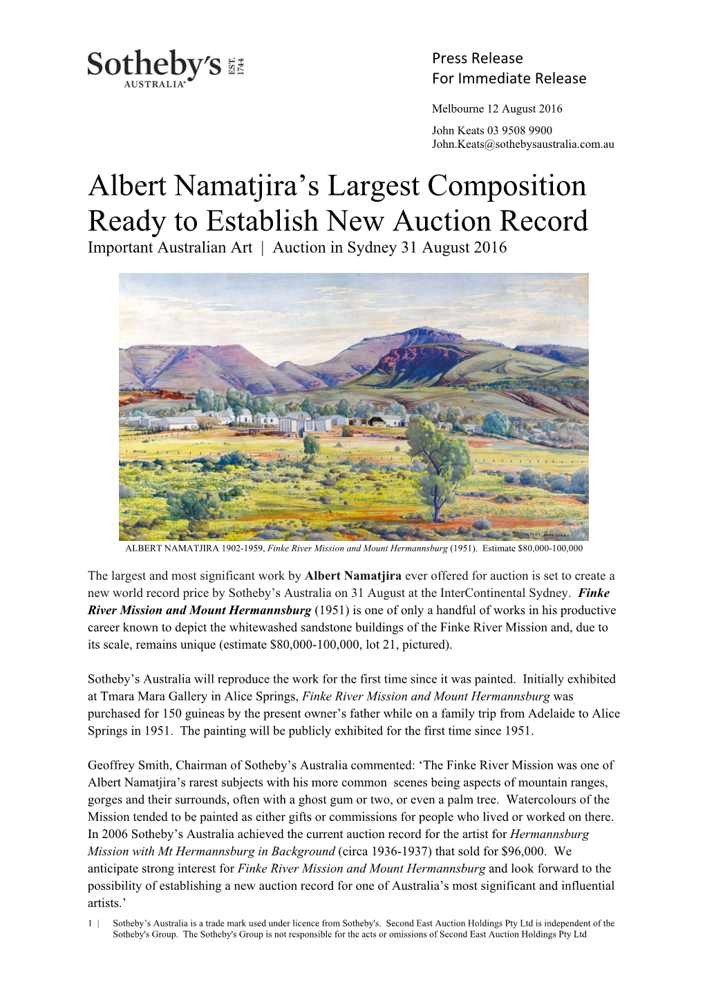 Albert Namatjira's Largest Composition Ready to Establish