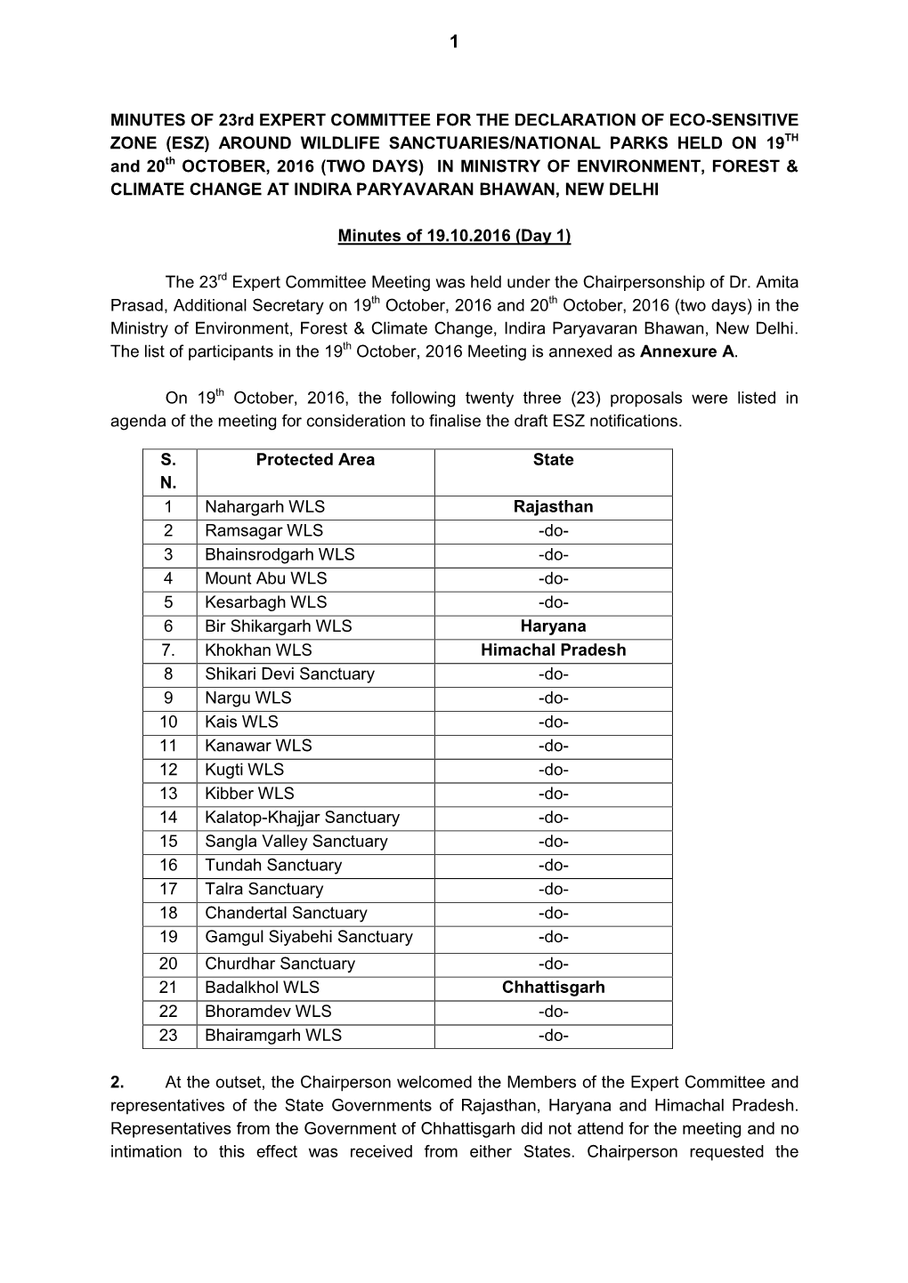 MINUTES of 23Rd EXPERT COMMITTEE for the DECLARATION of ECO-SENSITIVE ZONE (ESZ) AROUND WILDLIFE SANCTUARIES/NATIONAL PARKS HELD