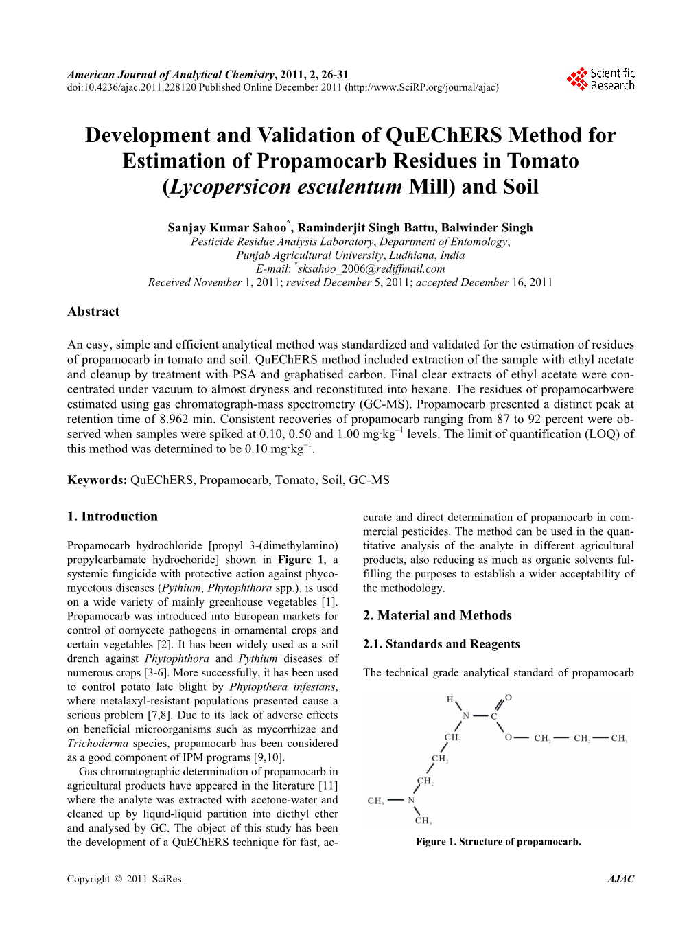 Development and Validation of Quechers Method for Estimation of Propamocarb Residues in Tomato (Lycopersicon Esculentum Mill) and Soil