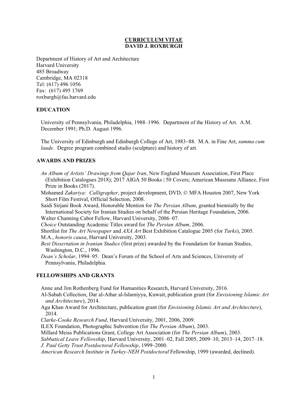 1 CURRICULUM VITAE DAVID J. ROXBURGH Department of History