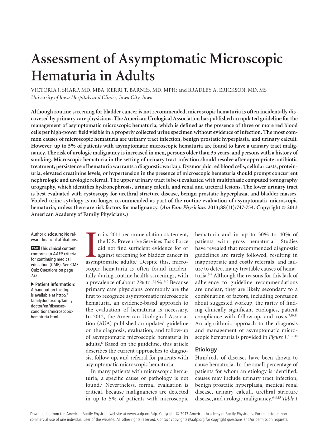 Assessment of Asymptomatic Microscopic Hematuria in Adults VICTORIA J