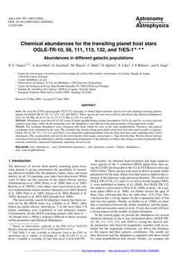 Chemical Abundances for the Transiting Planet Host Stars OGLE-TR-10, 56, 111, 113, 132, and Tres-1�,�� Abundances in Different Galactic Populations