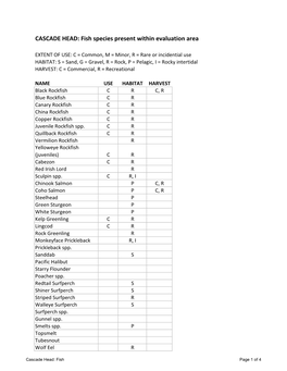 CASCADE HEAD: Fish Species Present Within Evaluation Area