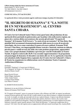 "Il Segreto Di Susanna" E "La Notte Di Un Nevrastenico": Al Centro Santa Chiara