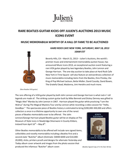 Rare Beatles Guitar Kicks Off Julien's Auctions 2013 Music Icons Event