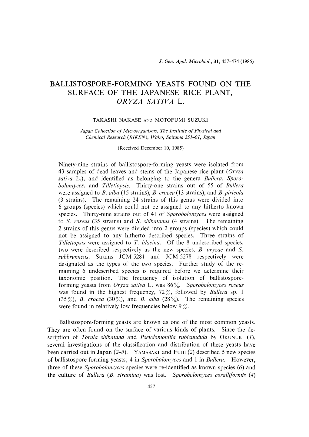 Ballistospore-Forming Yeasts Found on the Surface of the Japanese Rice Plant, Oryza Sativa L