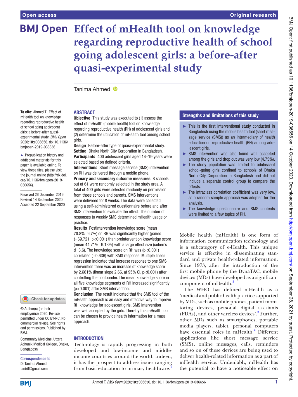 Effect of Mhealth Tool on Knowledge Regarding Reproductive Health of School Going Adolescent Girls: a Before-­After Quasi-­Experimental Study