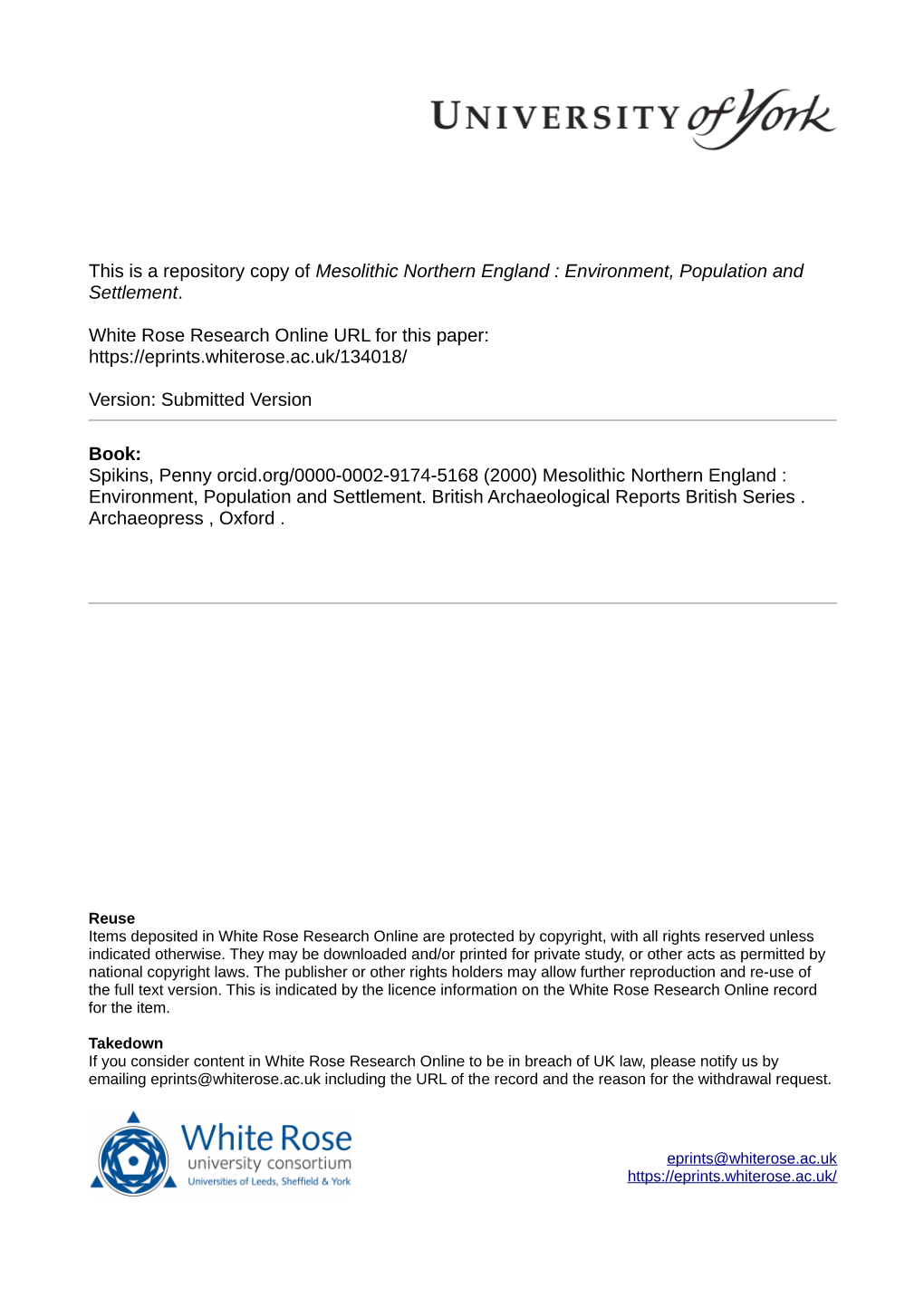 Mesolithic Northern England : Environment, Population and Settlement