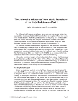 The Jehovah's Witnesses' New World Translation of the Holy Scriptures