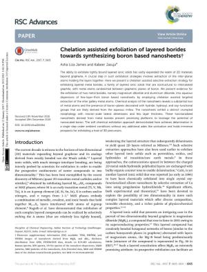 Chelation Assisted Exfoliation of Layered Borides Towards Synthesizing Boron Based Nanosheets† Cite This: RSC Adv.,2017,7,1905 Asha Liza James and Kabeer Jasuja*