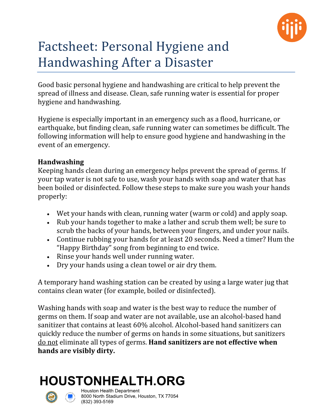 Factsheet: Personal Hygiene and Handwashing After a Disaster