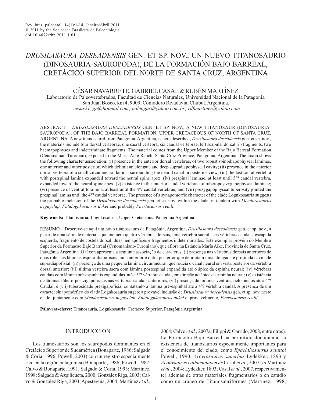 Drusilasaura Deseadensis Gen. Et Sp. Nov., Un Nuevo