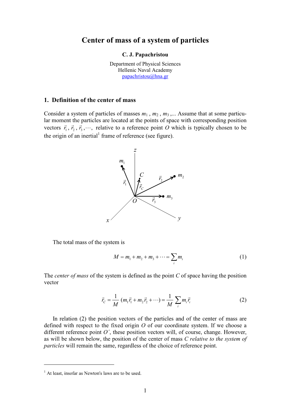 Center of Mass of a System of Particles