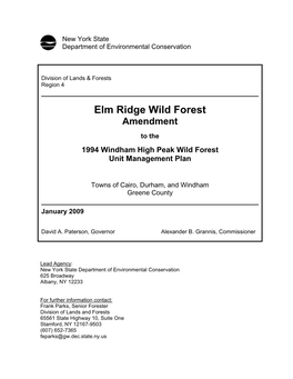 Elm Ridge Wild Forest Unit Management Plan Amendment