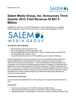 Salem Media Group, Inc. Announces Third Quarter 2015 Total Revenue of $67.5 Million