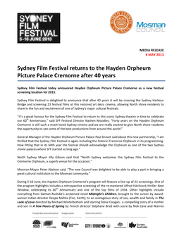Sydney Film Festival Returns to the Hayden Orpheum Picture Palace Cremorne After 40 Years