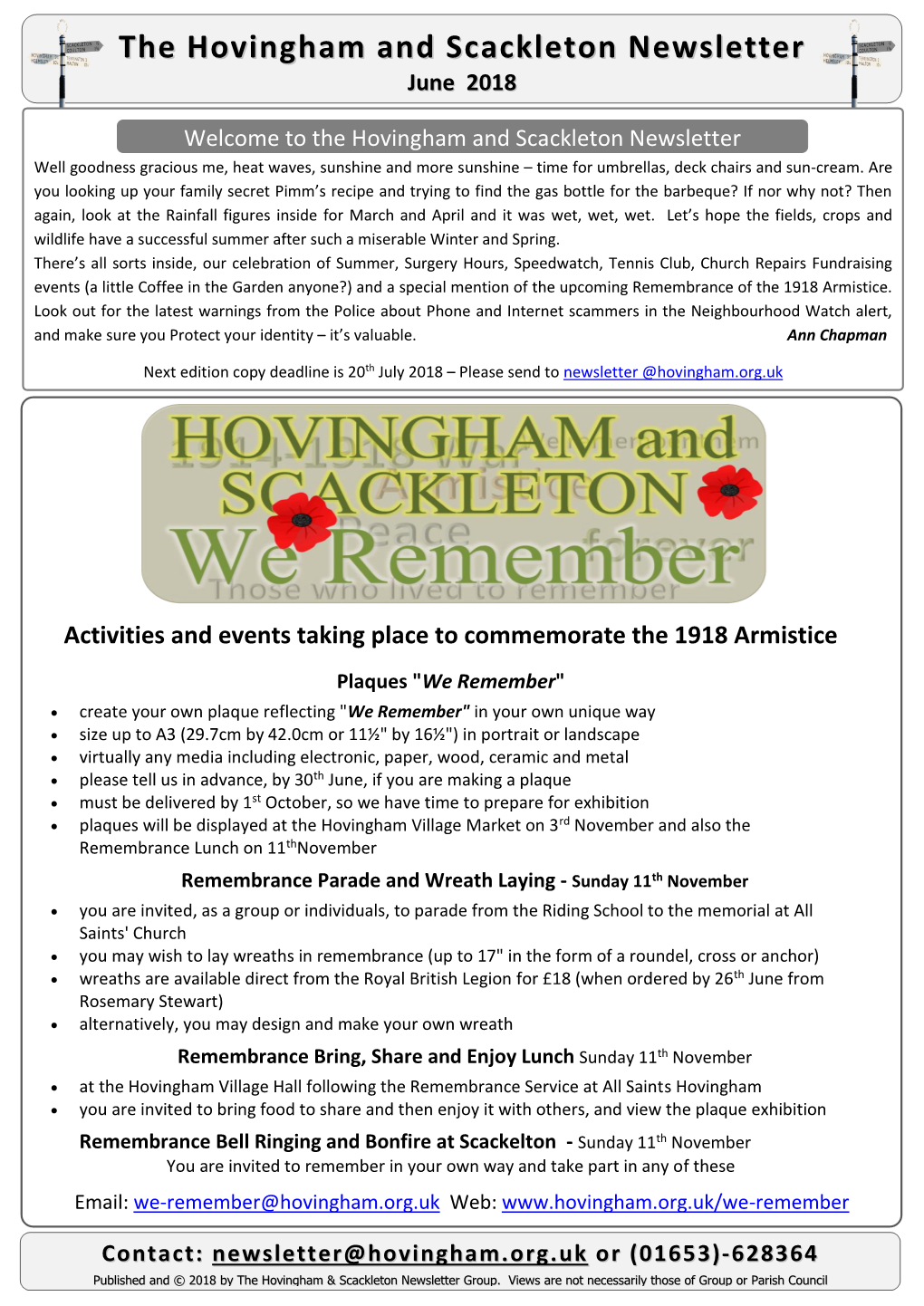 Welcome to the Hovingham and Scackleton Newsletter