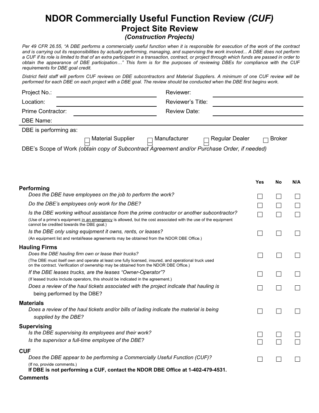 NDOR Commerciall Useful Function Review (CUF)