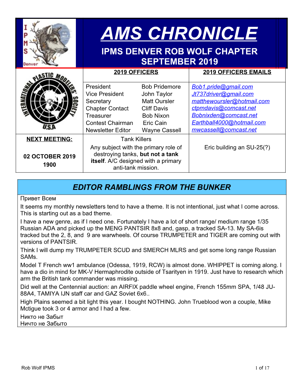 Ams Chronicle Ipms Denver Rob Wolf Chapter September 2019 2019 Officers 2019 Officers Emails