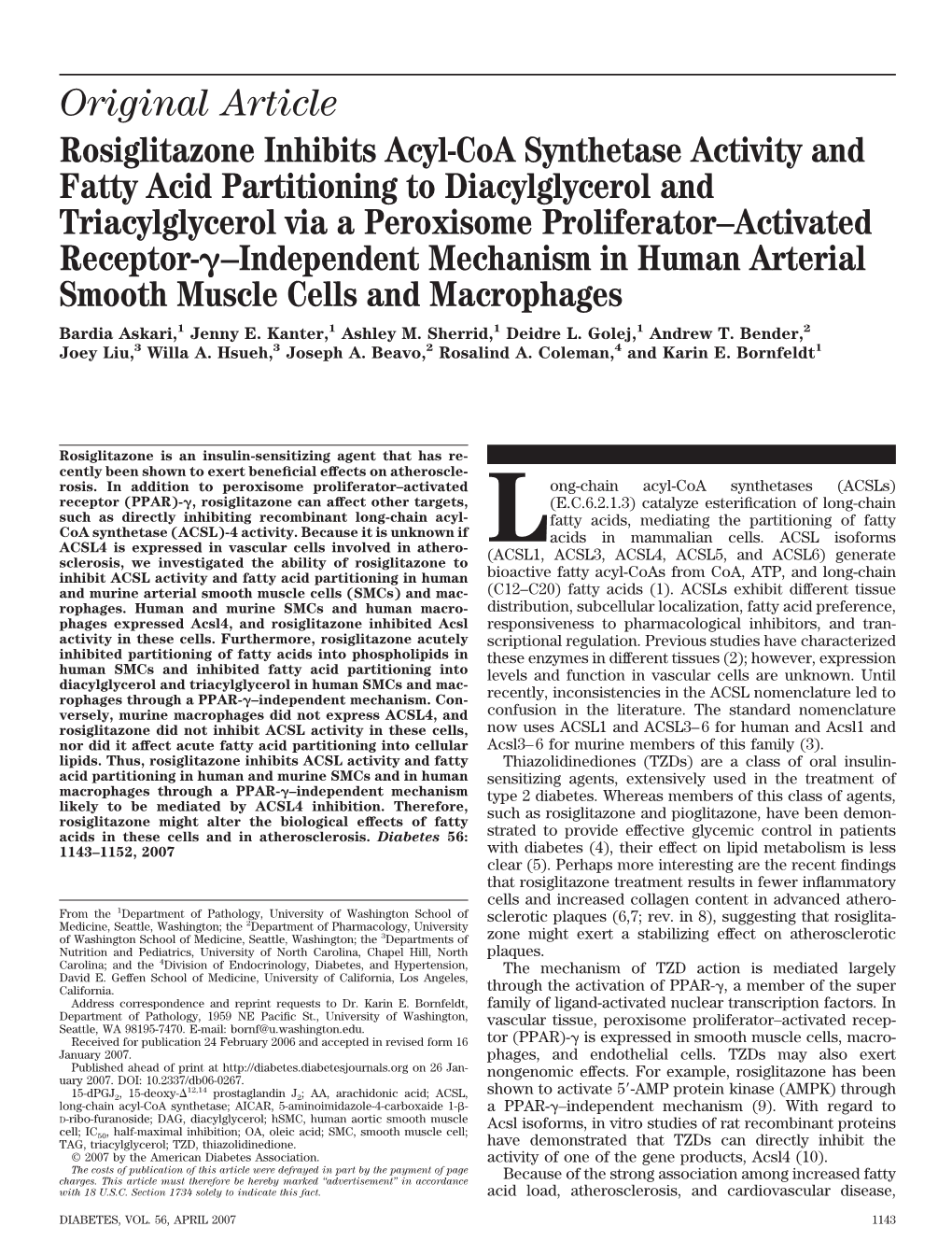 Original Article Rosiglitazone Inhibits Acyl-Coa Synthetase Activity and Fatty Acid