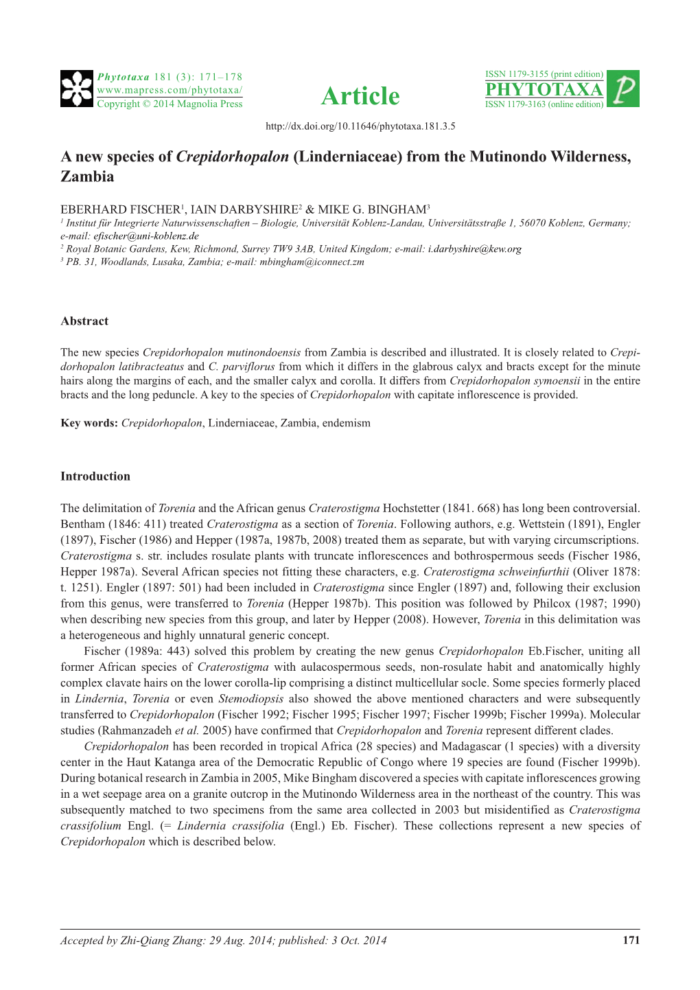 A New Species of Crepidorhopalon (Linderniaceae) from the Mutinondo Wilderness, Zambia