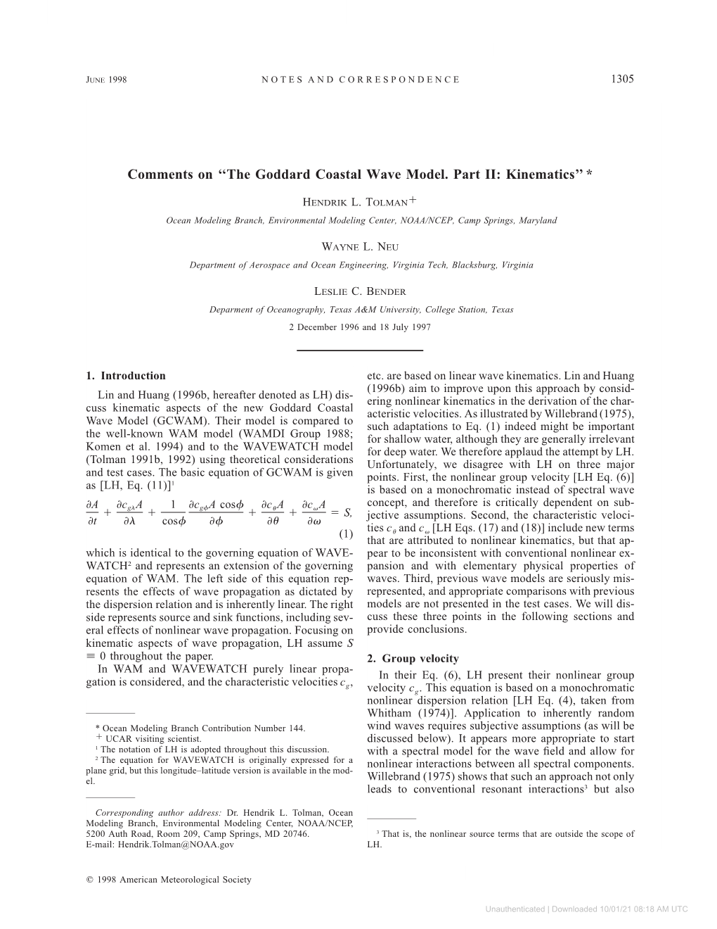 The Goddard Coastal Wave Model. Part II: Kinematics'' *