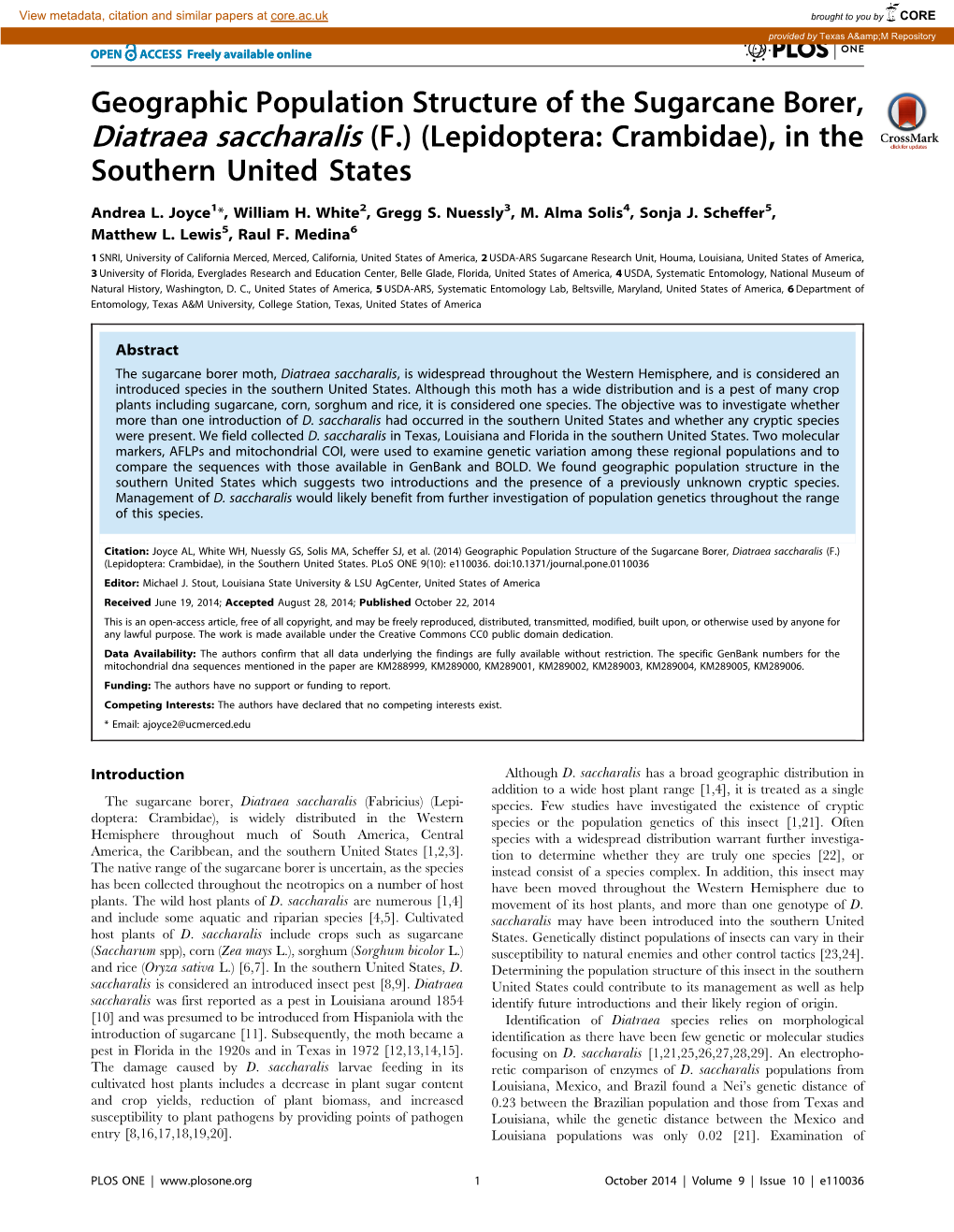 Geographic Population Structure of the Sugarcane Borer, Diatraea Saccharalis (F.) (Lepidoptera: Crambidae), in the Southern United States