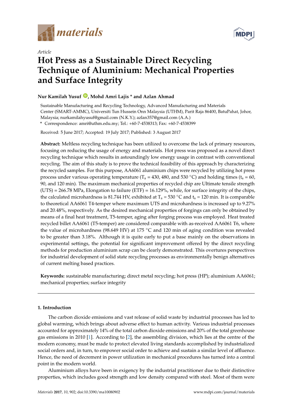 Hot Press As a Sustainable Direct Recycling Technique of Aluminium: Mechanical Properties and Surface Integrity