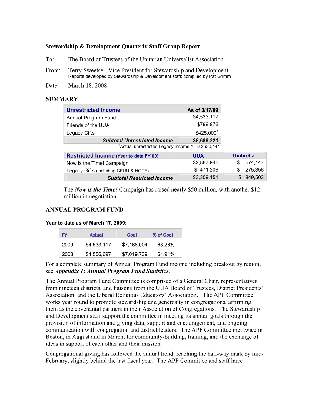 Stewardship & Development Quarterly Staff Group Report To: the Board of Trustees of the Unitarian Universalist Association