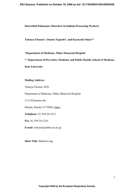 1 Interstitial Pulmonary Disorders in Indium-Processing Workers