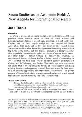 Sauna Studies As an Academic Field: a New Agenda for International Research