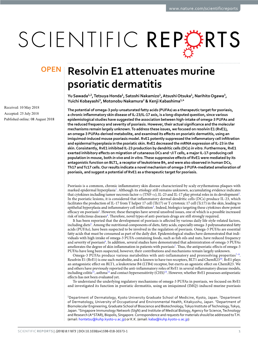 Resolvin E1 Attenuates Murine Psoriatic Dermatitis