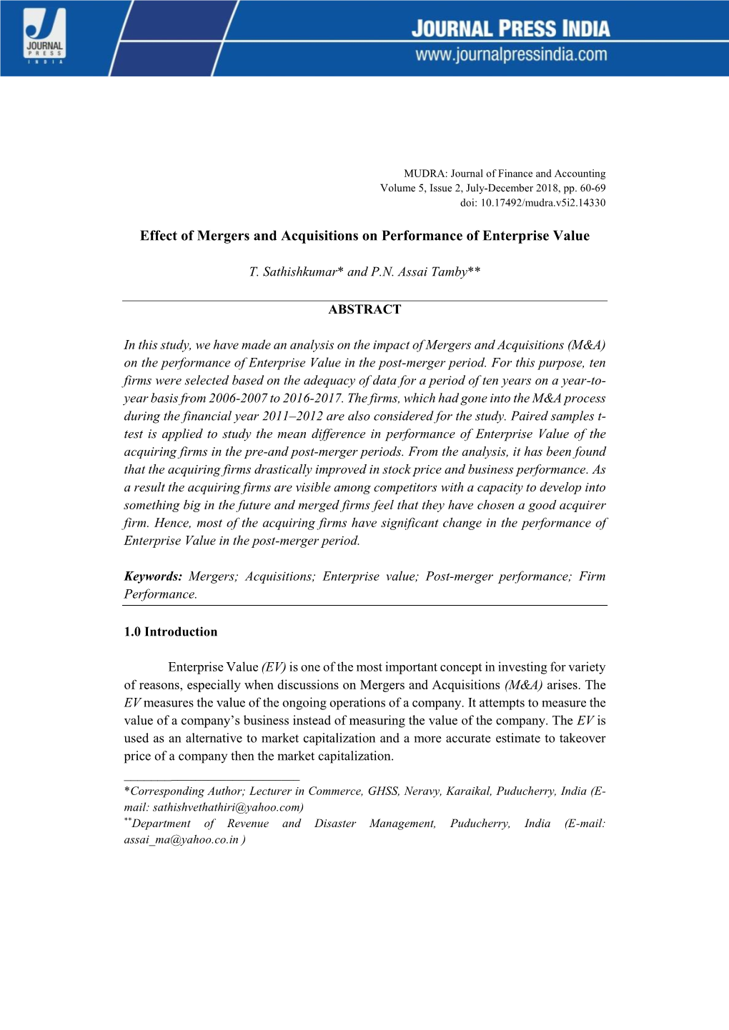 Effect of Mergers and Acquisitions on Performance of Enterprise Value